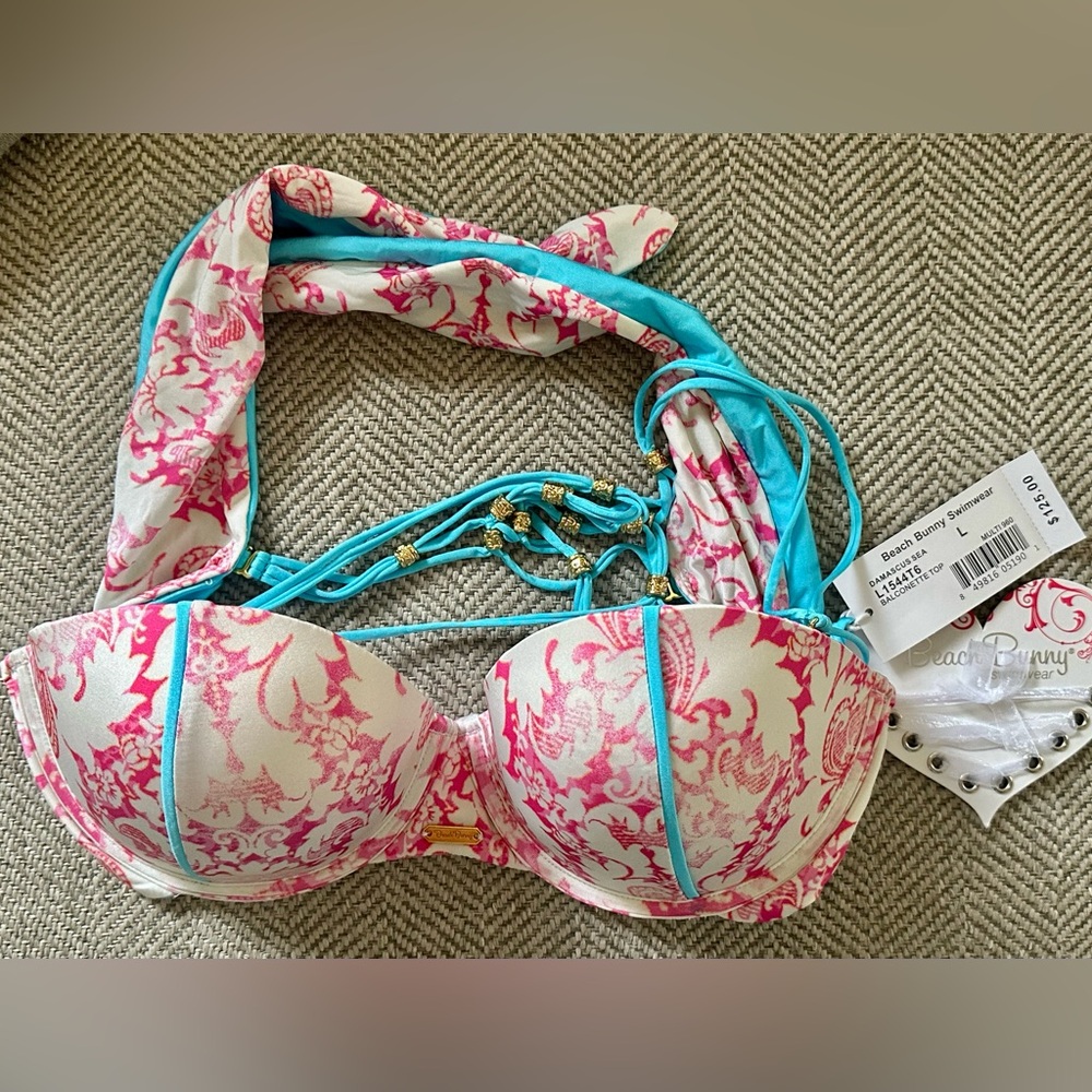 Beach Bunny Pink & Turquoise Bikini Top New w/Tags Top Only Size L Balconette